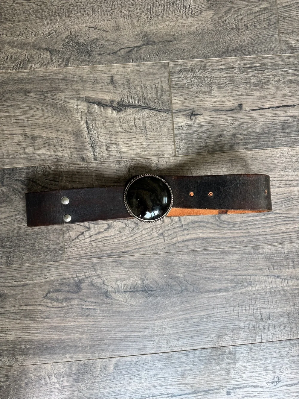 Wide Brown Leather Belt with Large Stone Buckle